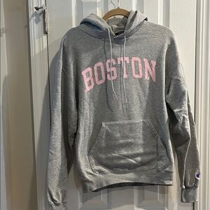 Champion Heather Gray Hoodie with Pink Boston Logo